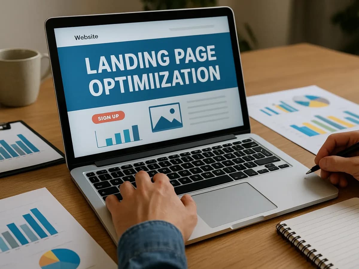 אופטימיזציה לדפי נחיתה על גבי מחשב נייד: גרפים ולחצן Sign Up שממחישים שיפור יחס המרה