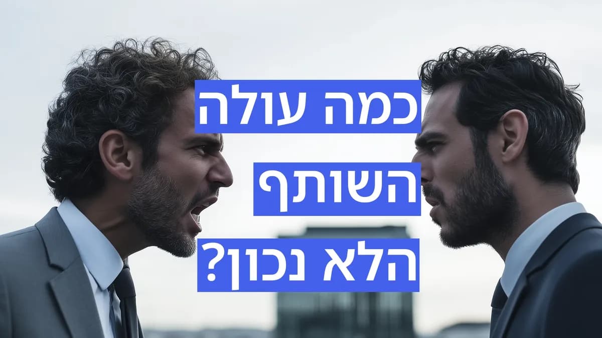 שני גברים בחליפות מתווכחים זה מול זה עם טקסט בעברית: "כמה עולה השותף הלא נכון?"