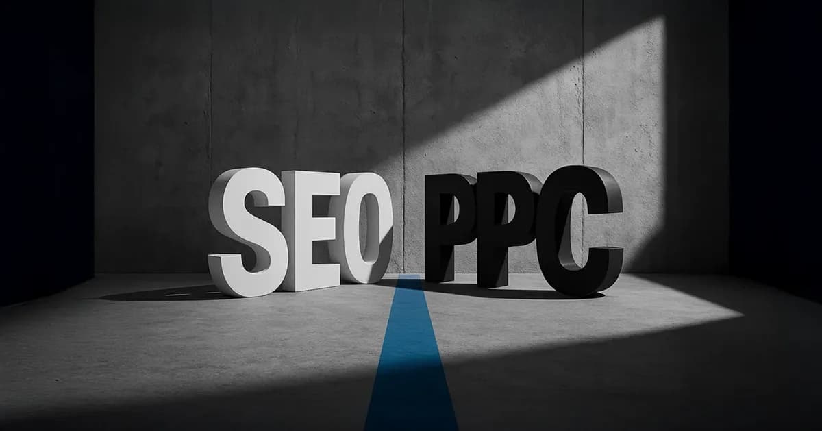 אותיות תלת-ממד SEO לבנות מול PPC שחורות עם קו כחול ביניהן בחלל תעשייתי אפור